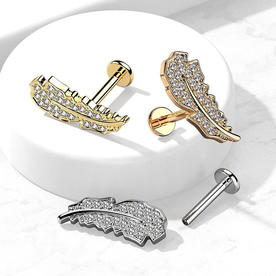 1 kraakbeen oorsteker, veer, zilver, goud, roségoud, pavé, zirkonia, heldere piercing-s chirurgisch staal, schroefsluiting, staaf, 6/8 mm lang, 6 mm, Roestvrij staal