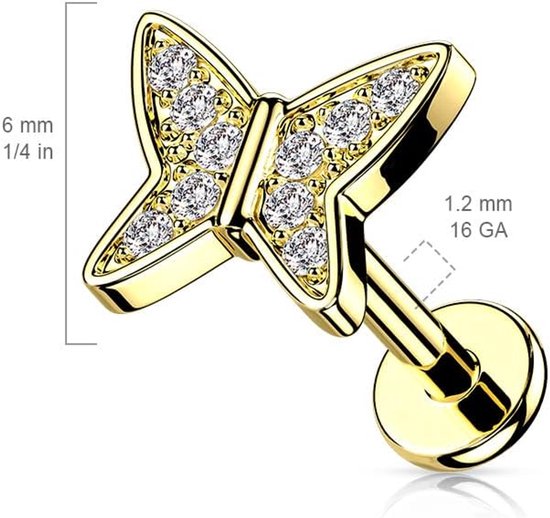 1 kraakbeen oorsteker, vlinder zilver, goud, roségoud, pavé zirkonia, Clear piercing-s chirurgisch staal, schroefsluiting, staafje, 6/8 mm lang, 6 mm, Roestvrij staal