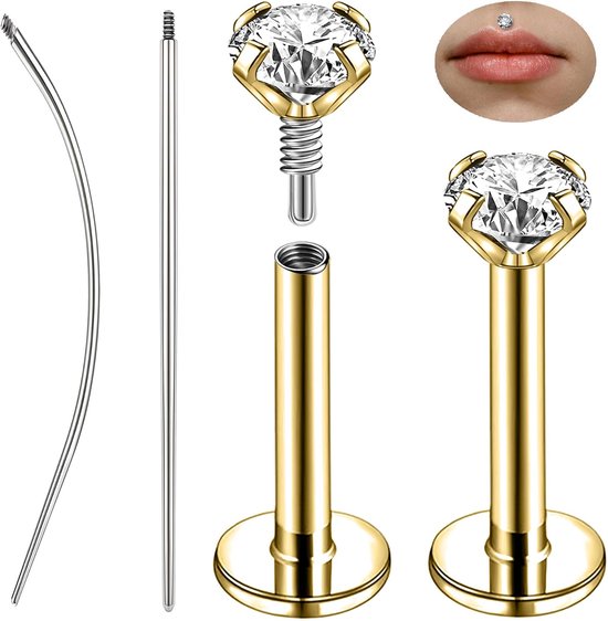 1 Paar 316L Roestvrij Staal Labret Lip Stud, Interne Draad Philtrum Ashely Sieraden CZ Tragus Helix Neus Neusgat Piercing 16G Platte Terug Oorbellen Studs voor Vrouwen Mannen