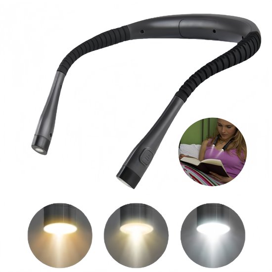 1 stuk - Neklamp - Leeslamp - Boeklamp - Leeslamp met drie kleuren en negen helderheidsniveaus - Flexibele neklamp - Oplaadbaar - Compact en draagbaar - Geschikt om te lezen in bed, te breien of te kamperen - Zwart - 20,3*17,8*2,3 cm van Merkloos