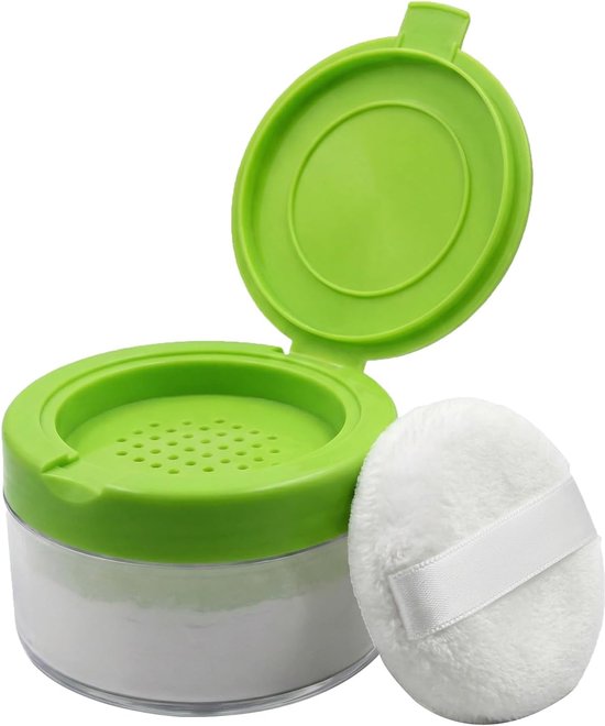 1 Stuks Baby Poederdose met Poffertje Herbruikbaar Talkpoeder Boxje Draagbaar Lekdicht Inclusief Zeef Zachte Pof Ideaal voor Thuis en Reizen (Groen)