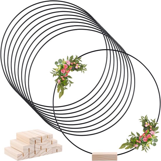 10 stuks 30 cm metalen ringen om te knutselen, decoratie met voet, zwarte decoratieve ringen om op te hangen voor doe-het-zelf bloemen, knutselen, handwerk, bruiloftskransdecoratie