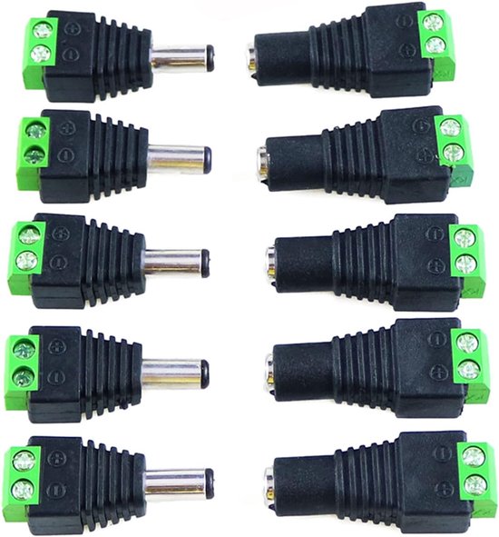 10 stuks 5,5 mm x 2,1 mm mannelijke en vrouwelijke DC-stekker stekker voedingsadapter voor CCTV-camera, LED-strip licht adapter plug jack adapter connector (5 x DC aansluiting, 5 x DC stekker)