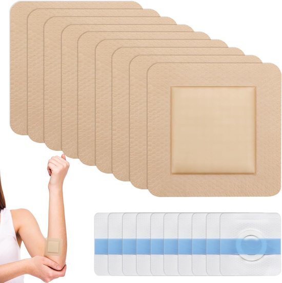10 stuks 7,5 * 7,5 cm zelfklevende schuimpleisters voor doorligwonden, ademend, sterk klevend, ondersteunend, draagbaar, comfortabel en veilig, inclusief 10 siliconengelpleisters.