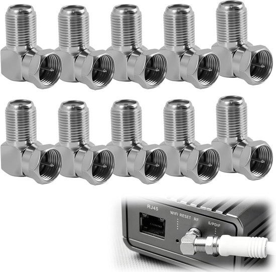 10 stuks adapter type F 90 graden mannelijk naar vrouwelijk, coaxiale connector met rechte hoek voor tv-kabel, satelliet, decoder en ontvanger, ideaal voor wandmontage en nauwe ruimtes