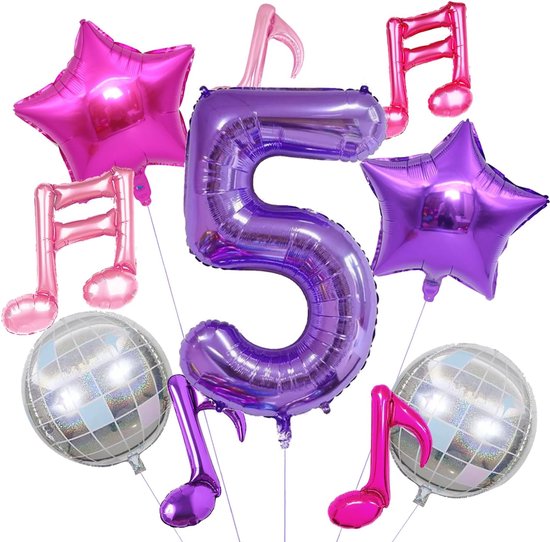 10 stuks Kpop verjaardagsdecoratie, notenbalken-ballonnen, lila, 101,6 cm, cijferfolieballon, discobal ballonnen voor Kpop zangers, magische muziek motto party benodigdheden (nummer 6)