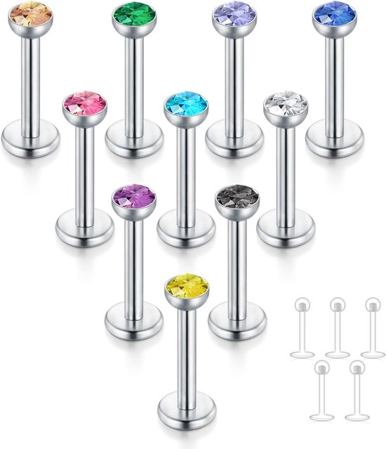 10 stuks labret lippiercing ring tragus helix piercing 8 mm 6 mm chirurgisch staal piercing lip Monroe Medusa stekers, 8mm x 3mm, Roestvrij staal, Zirkonia