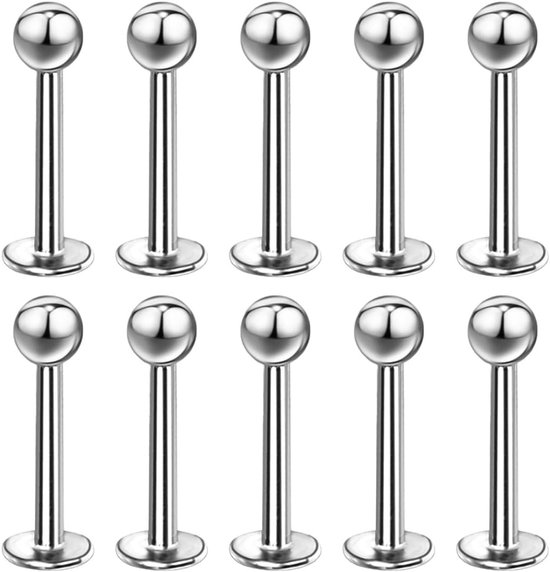 10 stuks lippiercing lippiercing van roestvrij staal, 1,2 mm zwart titanium geanodiseerd 316L chirurgisch staal, lippiercing retainer, Roestvrij staal