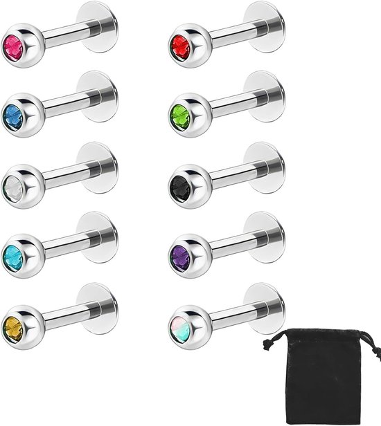 10 stuks lippiercings van roestvrij staal, lippiercings, lichaamsring, kraakbeen, tragus, 16 gauge, 10 kleuren
