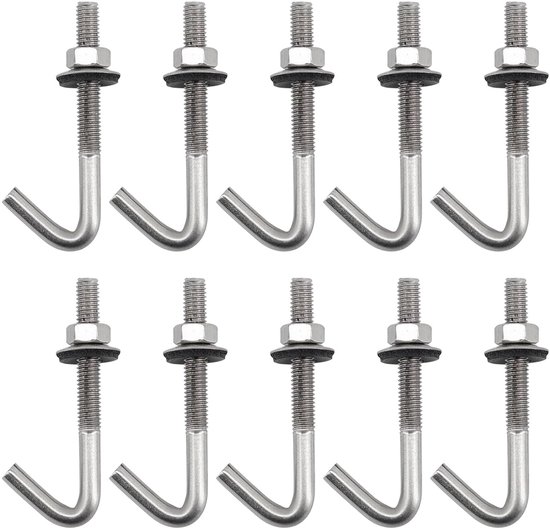 (10 stuks) M6 x 140 mm dakanker, betonanker, schroeven, J-haken, 304 roestvrij staal, wandhaak, lange schacht, haak met zeskantmoer, sluitring