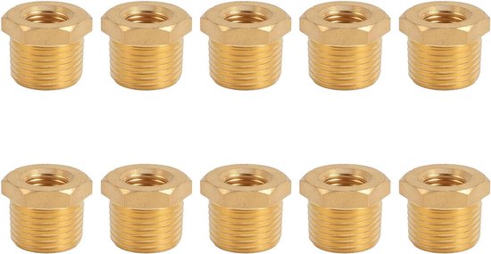 10 stuks messing verloop zeskantbus, 1/2 NPT mannelijk naar 1/4 NPT binnendraad, reducerende pijpfittingadapter met schroefdraad, 1200 PSI, ideaal voor loodgieterswerk,