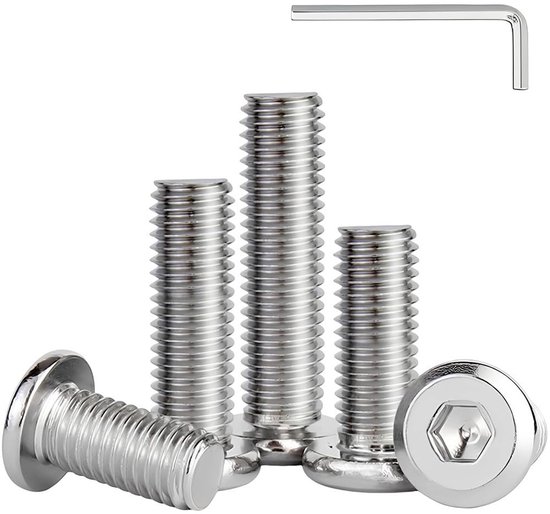 10 Stuks Platte Kop Zeskant Inbus Schroeven Bouten M8 x 65mm 304 Roestvrij Staal Volledig Draad Machineschroeven, Platte Zeskant Meubelschroef, Meubelconnectorbout met Inbussleutel