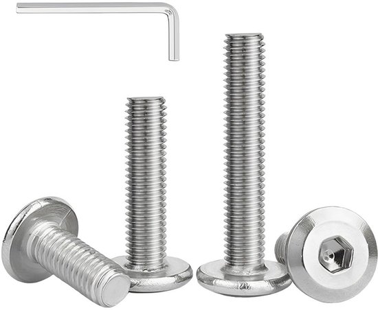 10 Stuks Platte Kop Zeskant Inbus Schroeven - M8 x 16mm Meubel Zeskantschroeven 304 Roestvrij Staal Volledig Gedraaide Machine Verbinding Bouten met Inbussleutel voor Bed- en Houten Meubels