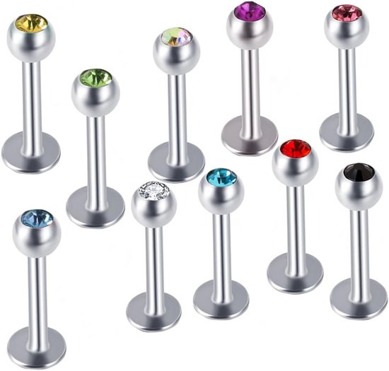 10 stuks roestvrijstalen lippiercing, labret met zirkonia, naspiercing (16 gauge)