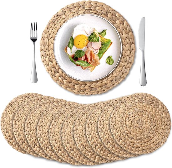 10 stuks, ronde geweven placemats voor natuurlijke waterhyacinten, gevlochten rietjes tafelmatten voor eettafel, kerstplacemats (35 cm)