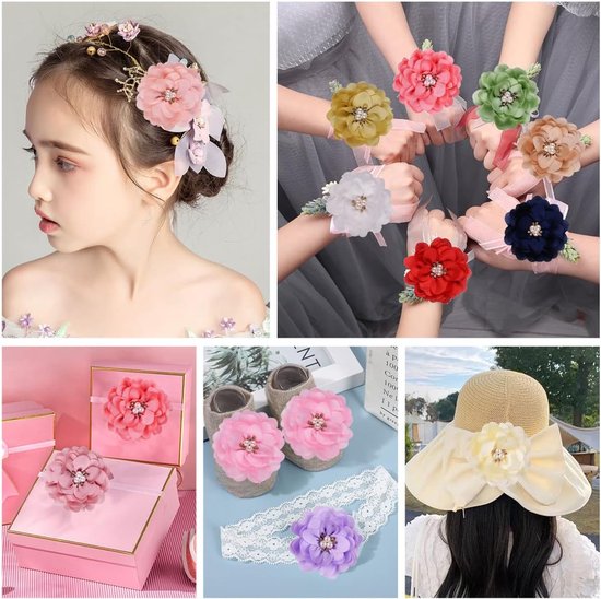 10 stuks satijnen stof bloemen diamant parel stof bloemen voor doe-het-zelf schoenen hoeden kleding accessoires ambachten naaien haarclips jurken-lichtgeel