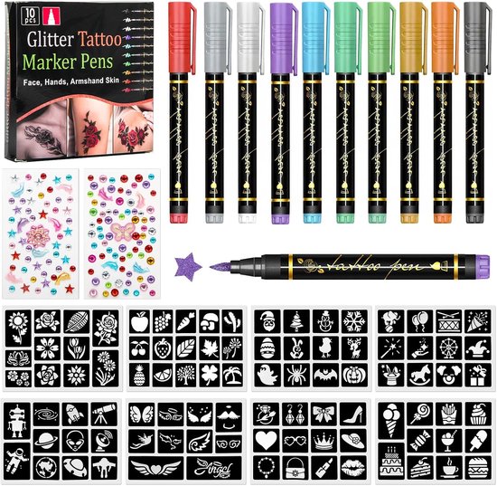 10 Stuks Tattoo Pennen Voor Kinderen, Glitter Tattoo Set Voor De Huid, Tattoo Pennen Set Met 8 Vellen 94 Sjablonen, Glitter Tattoo Set Voor Jongens En Meisjes Halloweenfeest