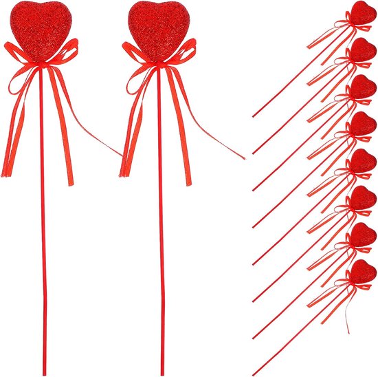 10 Stuks Valentijnsdag Glitter Schuim Hartvormige Prikkers Met Strikjes Voor Bruidsboeketten, Bloemstukken en Feestdecoraties