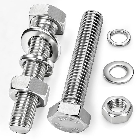 10 stuks zeskantschroeven M12 x 40 mm DIN 933 van roestvrij staal A2 V2A met platte en elastische sluitringen voor meubels, auto's, machines en doe-het-zelvers