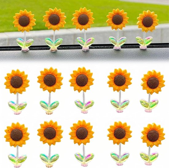 10 stuks zonnebloemen autodecoratie met zwaaiende veer, kunstzonnebloemen voor dashboard en bureau, autoaccessoires voor dames en gadgets, ornamenten met groene bladeren en stickers inbegrepen