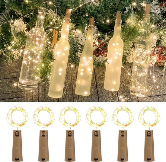 10 wijnfleslampjes met kurk, 10 LED's, 1 m snoer, kurkfleslampjes, mini-lichtslinger, voor zelfgemaakte potjes, feestjes, bruiloften (warm wit) - sfeerverlichting voor tafeldecoratie