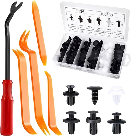 100 stuks autoclips + 5 schroevendraaiers, universele bevestigingsclips set voor VW T5 accessoires en andere voertuigen