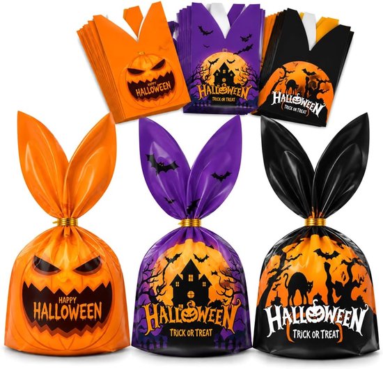 100 Stuks Cellofaanzakjes Bedankjes Eindfeest Halloween Zakjes Voor Snoep, Om Te Vullen Met Koekjes Chocolaatjes 13.5 * 22.5cm 3 Stijlen(A)
