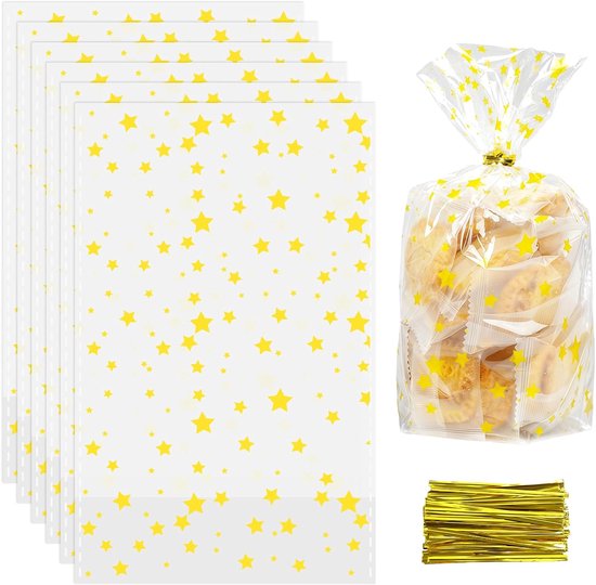 100 stuks cellofaanzakjes voor Kerstmis, 15 x 23,5 cm, bodemzakjes, gouden sterren, koekjeszakjes, koekjeszakjes, gebakzakjes, Kerstmis, transparant, cellofaanzakjes met bodem, voor snoep, cadeau