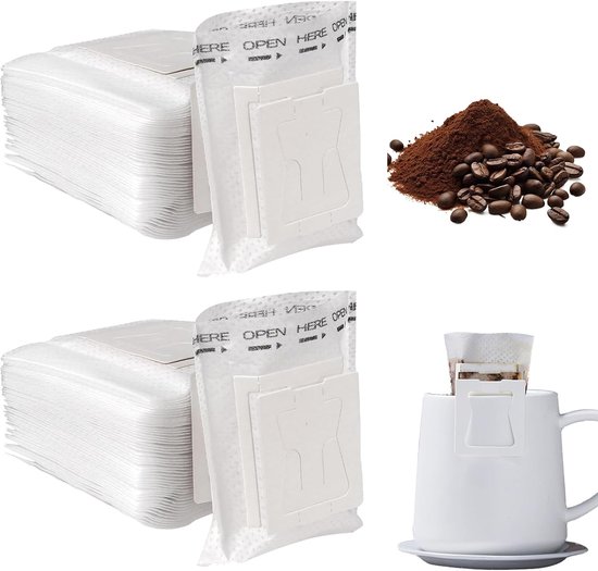 100 stuks druppelkoffiezakjes, druppelkoffiezak met hangende oorfilterzakken, druppelkoffiezak, wegwerp, draagbaar koffiepapieren filter, inklapbare koffiefilterzakken voor op reis, thuis, kantoor