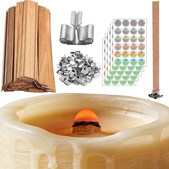 100 stuks houten lontkaarsen maken, 100 kaarslonten met metalen basis en 120 waarschuwingslabels, kaarszand en lonten voor het maken van kaarsen, rookloze lonten voor kaarsen doe-het-zelf