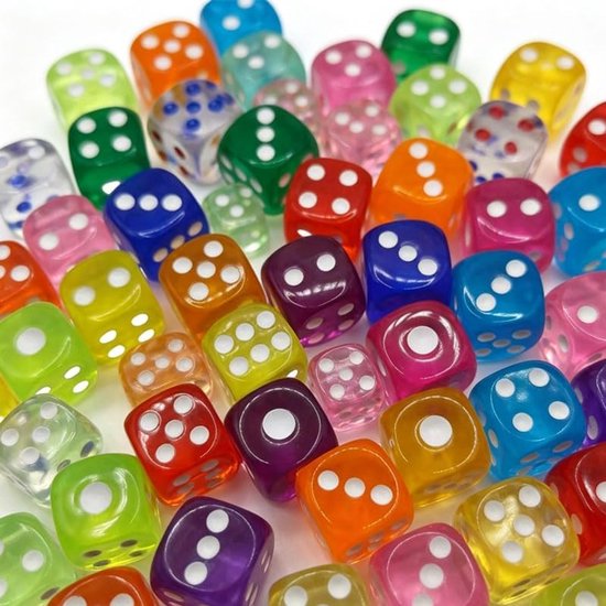 100 stuks kleurrijke dobbelstenen set met zwart fluwelen zakje, transparante kleurdobbelstenen in 10 kleuren voor tafelspellen en bordspellen, 6-zijdige speeldobbelstenen set acryl dobbelstenen
