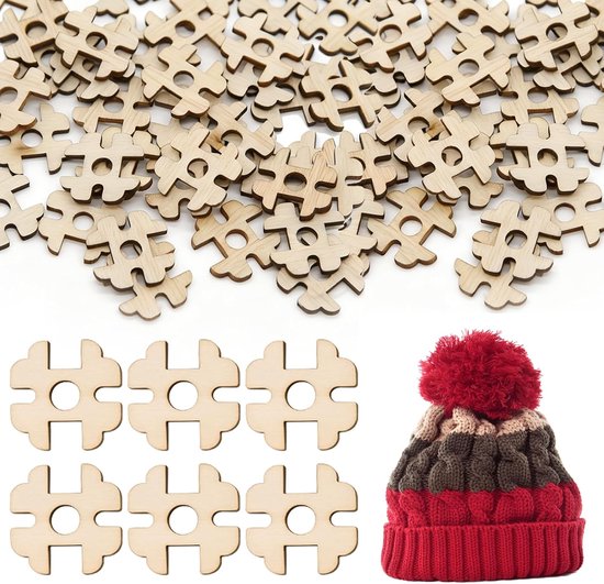 100 stuks pomponknopen voor mutsen, aannaaibare knopen voor haakprojecten, houten houder met afneembaar ontwerp, cadeau voor knutselliefhebbers, breiaccessoires voor het breien van mutsen en petten