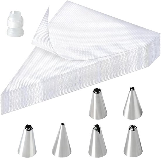 100 stuks spuitzakken, klein, met 6 spuitmonden en 1 adapter, professionele bakaccessoireset voor taartaccessoires, spuitzakken voor taartdecoratie, cupcakes, koekjes en gebak