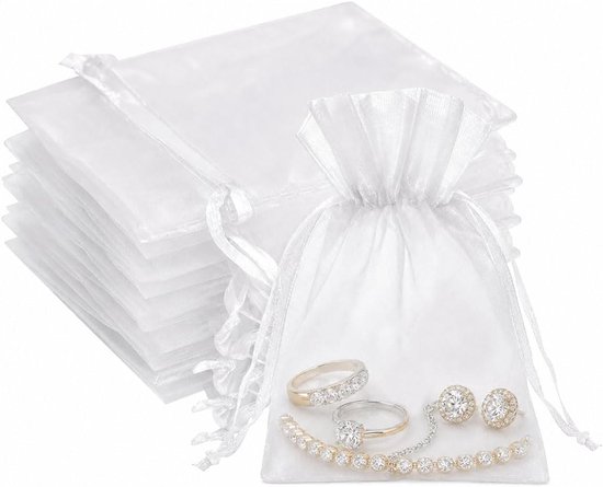 100 stuks witte organzazakjes, 9 x 12 cm, voor huwelijksgeschenken, met satijnen trekkoord (wit, lengte 12 cm, breedte 9 cm)