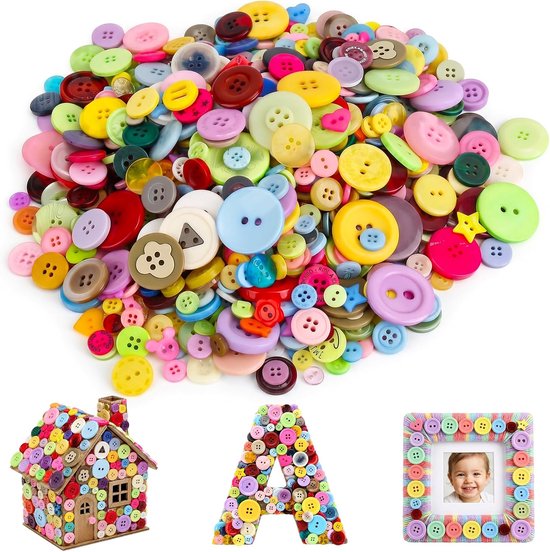 1000 stuks kleurrijke knopen om te knutselen, 530 g knopen, kunststof knutselknopen, kinderknopen, grote knopen in gemengde kleuren en maten voor knutselen, naaien, kinderknutselen, schilderen