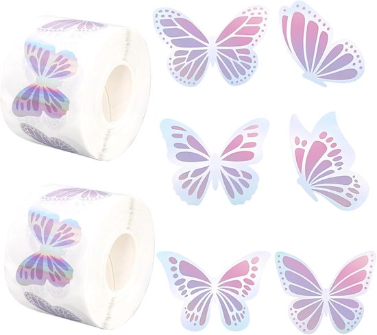 1000 stuks vlinderstickers, 2 rollen vlinders, bloemen, stickerrollen, holografische vlinderstickers, glitter vlinderstickers, zelfklevende decoratieve stickers