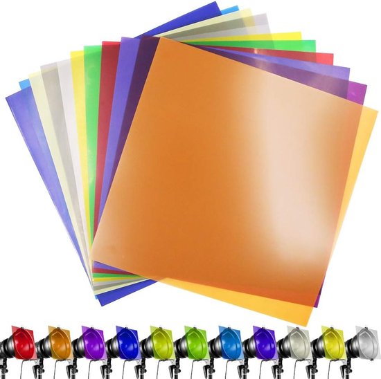 11 stuks vierkante gelfiltercorrectie lichtfilteroverlays transparante kleurenfilm plastic vellen, 30 x 30 cm, 11 kleuren