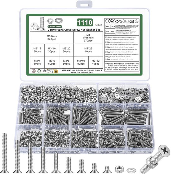 1110 stuks M3 Schroevenset, verzonken kop Schroeven moerenset, platkop schroeven en moerenset, Phillips machine schroevenassortiment, schroefdraad schroevenset met ringenset (zilver, M3)