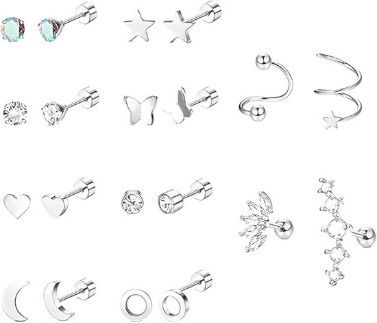 12 paar roestvrijstalen oorbellen voor dames en heren, oorpiercing met glanzende zirkonia, hypoallergeen, voor tragus, helix, lobe, staalkleur