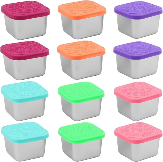 12 stuks 180 ml roestvrijstalen blikjes met deksel, klein, vierkant, snackbox, saladedressing, container om mee te nemen, kleine blikjes roestvrij staal met siliconen deksel voor dip