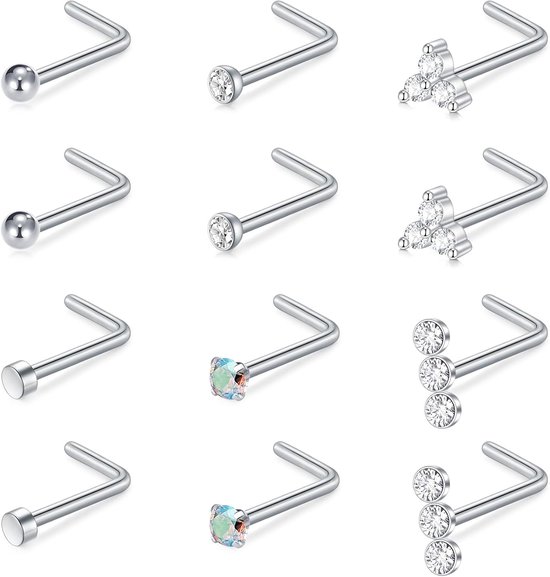 12 stuks 18G 20G neusringen roestvrij staal neuspiercing schroef met kubieke zirkonia neuspiercing sieraden
