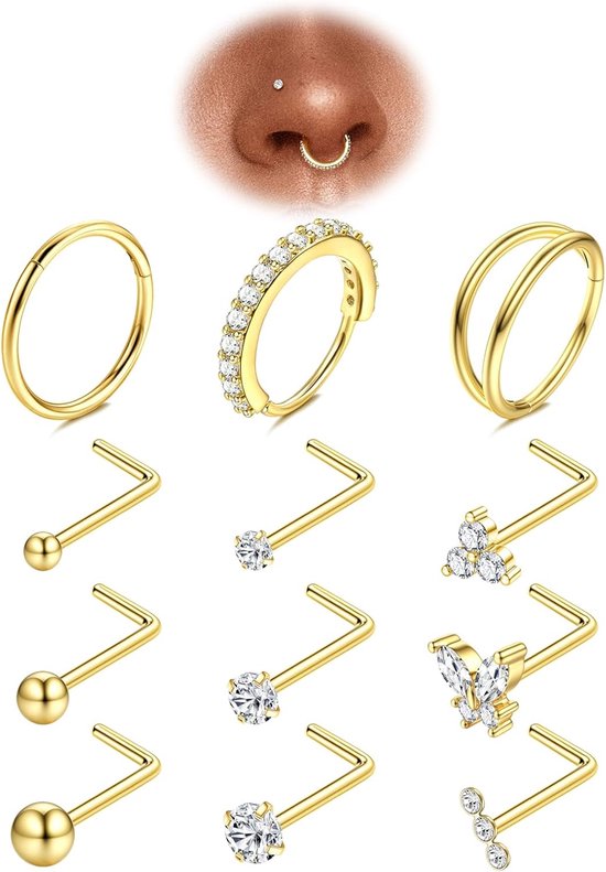 12 stuks 20G Neusringen Chirurgisch Staal Neusstud Set Diamant Cz
