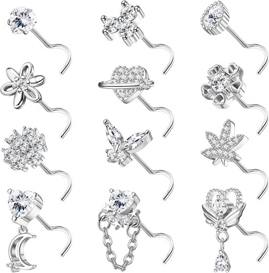 12 stuks 20G neusstekers voor vrouwen, L-vormige kurkentrekker, bengelende neusringen, roestvrij staal, neuspiercing, sieraden, zirkonia, hart, maan, vlinder, neusringen, studs voor vrouwen en