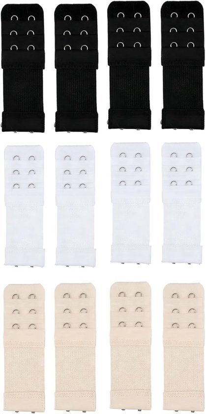 12 stuks BH-verlengingen, Verstelbare BH-verlenging met 2 haken, Comfortabel voor zwangerschap, borstvoeding & gewichtswingingen, 3 kleuren voor onzichtbare zitplaats, Zwart/wit/huidkleur