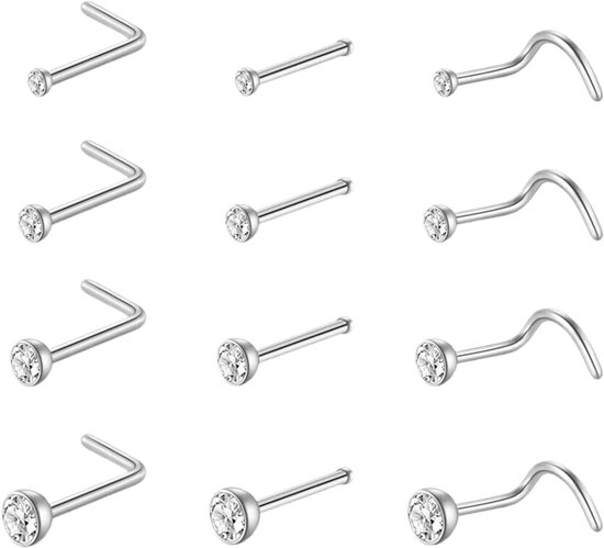 12 stuks chirurgisch staal neuspiercing, zilver, voor vrouwen, neuspiercing met schroefdraad, recht of L-vorm