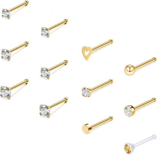 12 stuks chirurgisch staal neusstekers L-vorm zirkonia dames 20 g roestvrij staal kristal zirkonia, Roestvrij stalen kristal, zirkonia.