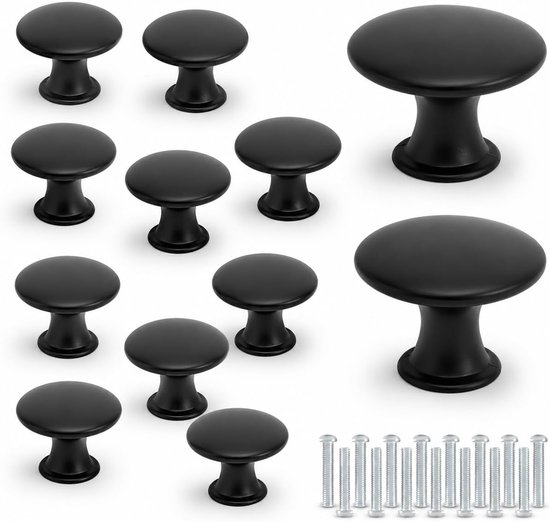 12 stuks deurknoppen voor kasten, ronde handgreep, meubelknop, keuken, zinklegering, meubelgreep voor keuken, badkamer, kast, lade, commode, kast, zwart
