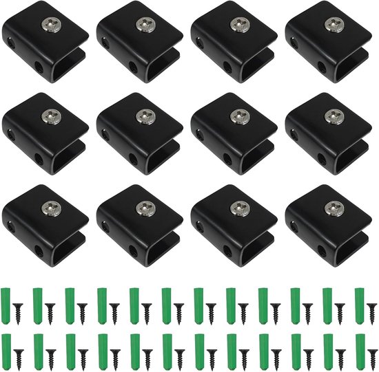 12 stuks glazen klemmen van roestvrij staal, glas, zwart, verstelbare glazen plank voor het bevestigen van glazen met schroeven (zwart, rechthoekig, voor glas van 3-9 mm)
