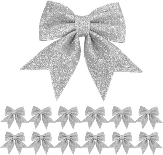 12 stuks Glitterstrikken, Zilver, voor Kerstboom, Krans en Slingers, Feestelijke Decoraties voor Cadeauverpakking
