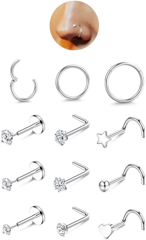 - 12 stuks gouden neusstekers zonder schroefdraad met platte achterkant voor vrouwen, lip, daith, schelp, tragus, helix